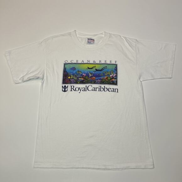 Vintage Royal Caribbean Shirt Mens Size Large White Ocean & Reef Fish Tee - Picture 1 of 13